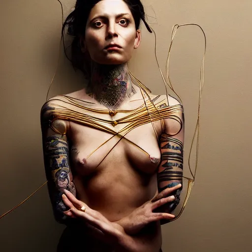 Prompt: A perfect female goddess stands for a waist up portrait with her body sightly wrapped in thin gold wire creatively arranged so as to look like tattoos, hyper photo realistic 8K HD HDRI, photo by Annie Leibovitz.