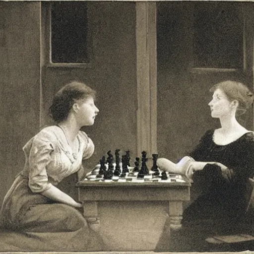 Prompt: two young edwardian women playing chess by a window at night, a beach reflecting moonlight is visible in the background, in the style of anders zorn