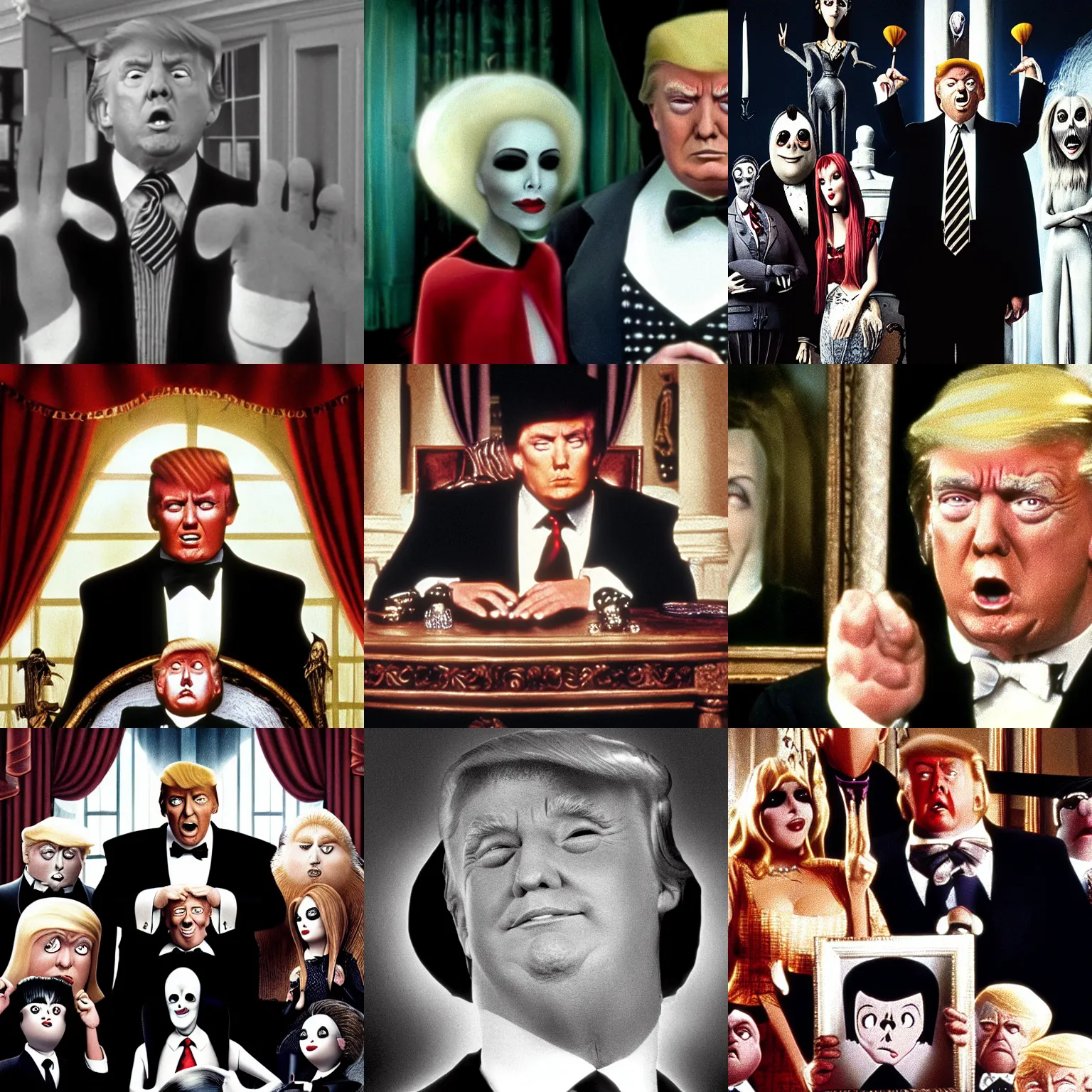 Prompt: portrait of donald trump in the addams family ( 1 9 9 1 ), directed by barry sonnenfeld, film still, high quality