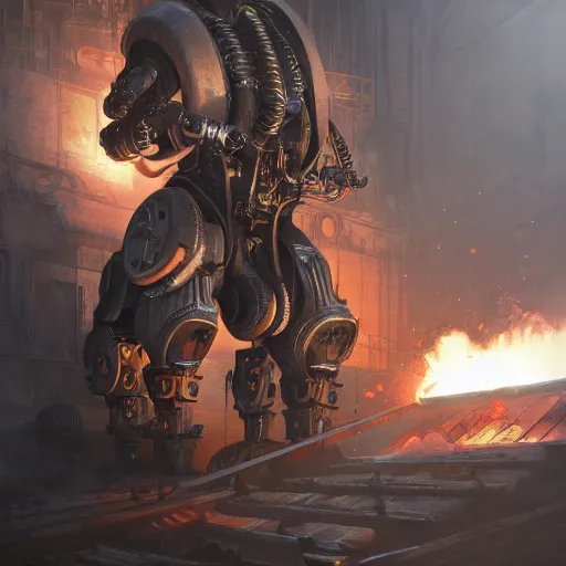 Image similar to portrait of adeptus mechanicus techpriest at a forge, by cedric peyravernay and feng zhu, highly detailed, excellent composition, cinematic concept art, dramatic lighting, trending on artstation