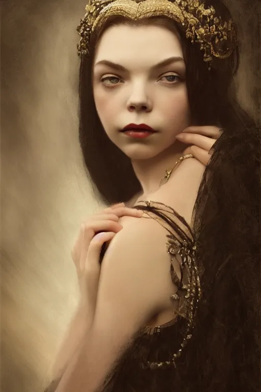 Image similar to a portrait of an elegant beautiful dark bohemian vampire woman, smooth face, glamour shot, (Anya Taylor-Joy), bored, illustration, dramatic lighting, soft details, painting oil on canvas, art nouveau, octane render, HDR, 4k, 8k, HD, by Edmund Blair Leighton, Brom, Charlie Bowater, trending on artstation,