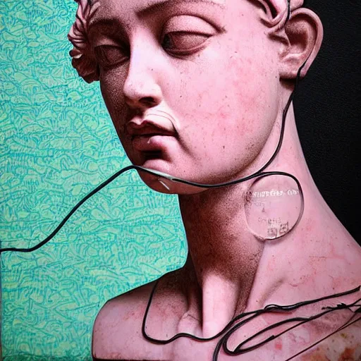 Image similar to Sandra Chevrier, floating vaporwave marble head bust, award winning masterpiece with incredible details, Zhang Kechun, a surreal vaporwave vaporwave vaporwave vaporwave vaporwave painting by Thomas Cole of a floating old pink mannequin head with cables and wires coming out of it's neck, sinking underwater, highly detailed