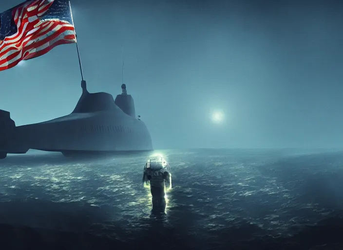 Image similar to astronaut holding a flag, underwater desert scene, submarine in background. dark, concept art, cinematic, dramatic, atmospheric, 8 k, trending on artstation, blue, fish, low visibility, fog, ocean floor, by christopher nolan, denis villeneuve