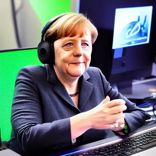 Prompt: angela merkel wearing RGB razer headset while playing csgo on PC