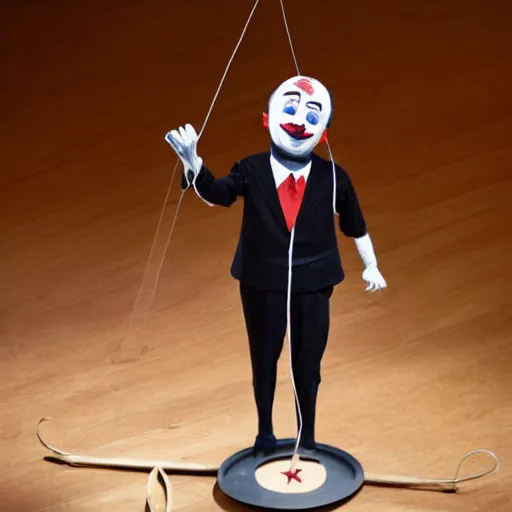 Prompt: string marionette of a president with clown makeup in a podium and a human shadow behind