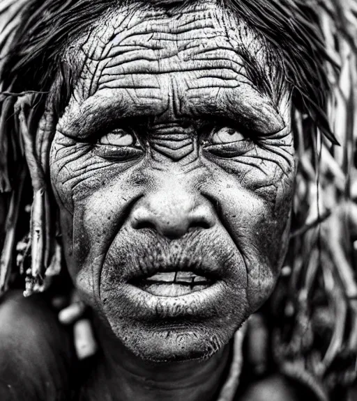 Image similar to Award winning reportage photo of Tuvalu Natives with incredible insane hair and beautiful hyper-detailed eyes wearing traditional garb by Lee Jeffries, 85mm ND 5, perfect lighting, gelatin silver process