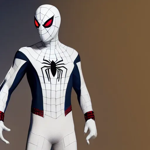 Image similar to white spider - man suit with black web lining, cinematic, volumetric lighting, realistic, hyperdetailed, photorealistic, photograph