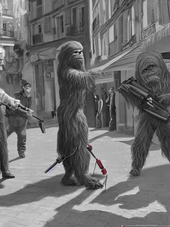 Image similar to rich evans and mike stoklasa save george lucas from a crackhead wookie in 1 9 3 0 s paris, hyperrealistic, 4 k, ultra detailed, intricate detail, octane render, photorealistic.