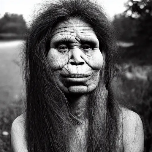 Image similar to “ a primitive pre human woman Neanderthal posing for a photo with an iPhone in a trending fashion way, anthropology photography, National Geographic ”