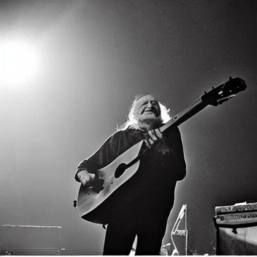 Image similar to willie nelson on stage, four fingers holdingguitar. god rays through fog.