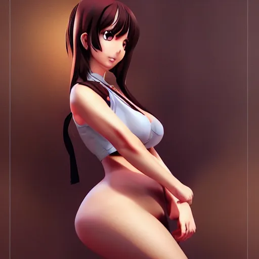 Image similar to 3 d render of an anime drawing of an impossibly curvy girl by artgerm and gil elvgren featured on pixiv, booru, exaggerated proportions, high resolution digital art, 4 k