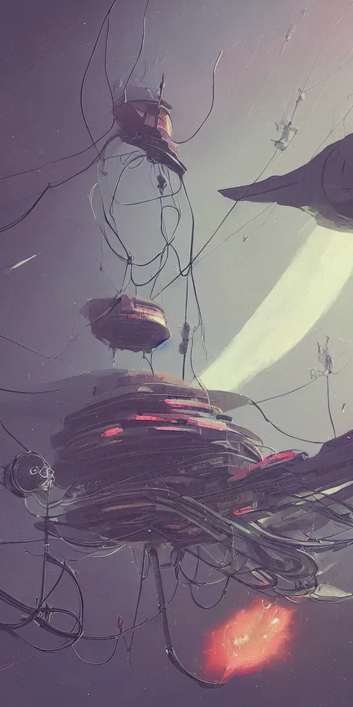Prompt: mechanical starship with long tendrils, lots of hanging cables and wires, messy cords, sci - fi concept art, by john harris, by simon stalenhag, stunning, award winning