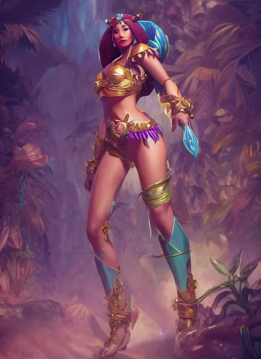 Image similar to qiyana from the jungle, from league of legends, au naturel, hyper detailed, digital art, trending in artstation, cinematic lighting, studio quality, smooth render, unreal engine 5 rendered, octane rendered, art style by klimt and nixeu and ian sprigger and wlop and krenz cushart