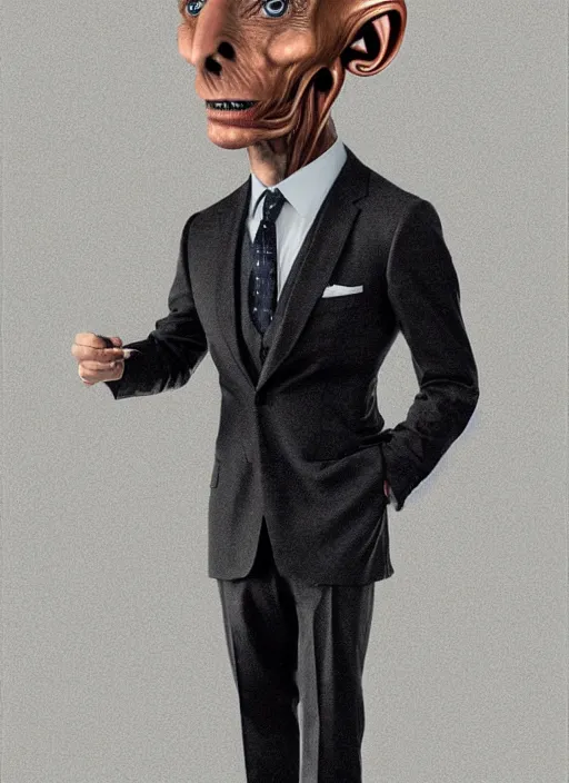 Image similar to a hyper realistic portrait of a male alien in a suit