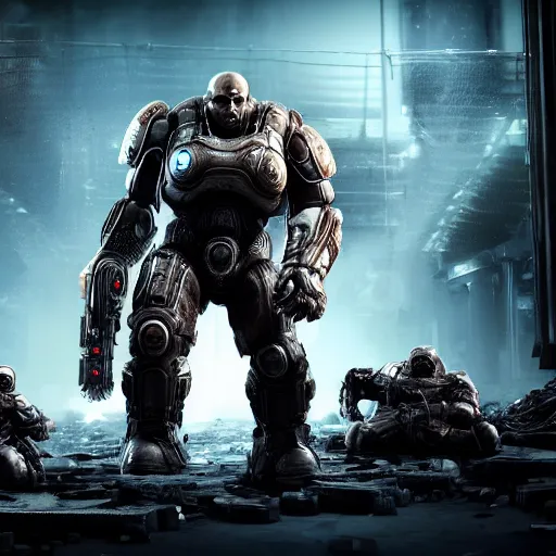 Prompt: killer robots in gears of war, splash art, movie still, cinematic lighting, ray tracing, octane render, long lens, shallow depth of field, bokeh, anamorphic lens flare, 8 k, hyper detailed, 3 5 mm film grain