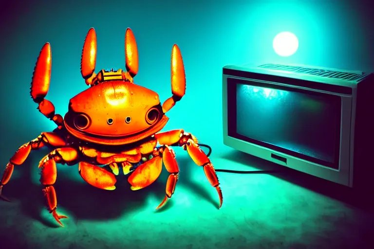 Image similar to robot kawaii cute cyborg - crab underwater, in 2 0 1 2, bathed in the the glow of a crt television, crabcore cybercore, low - light photograph, photography by tyler mitchell