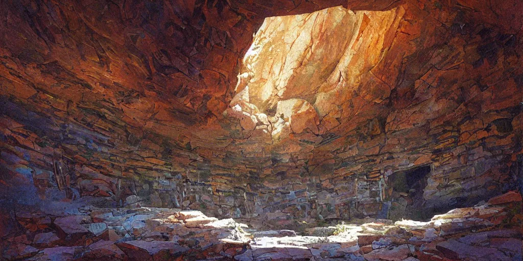 Prompt: painting of majestic curved wall in a dark cave with rocky ground and mosaics, minimal, art by james gurney and greg rutkowski, vivid colors