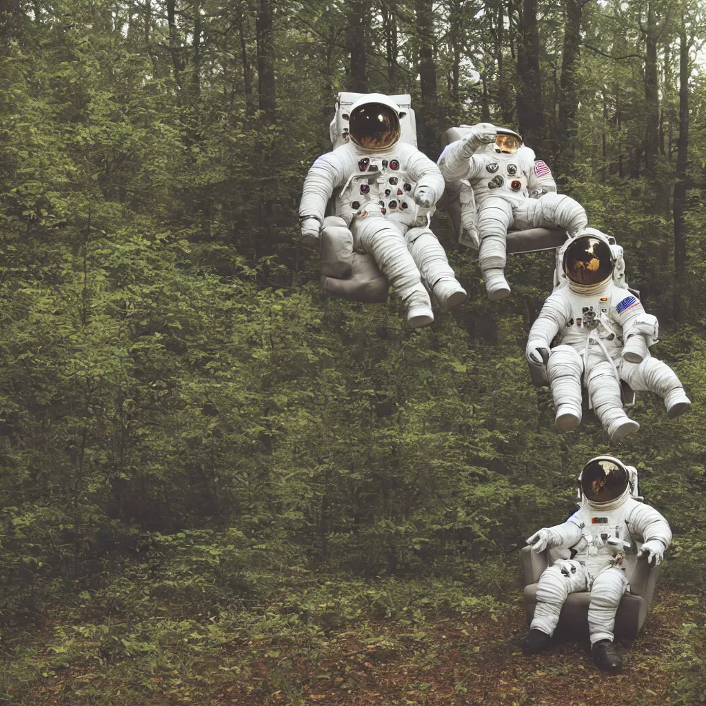 Prompt: astronaut sitting on a couch in the forest