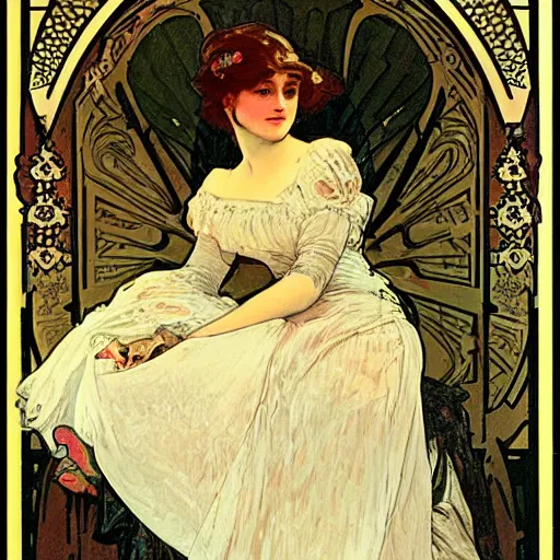 Image similar to young victorian woman in ball gown, reading, painted by alphonse mucha