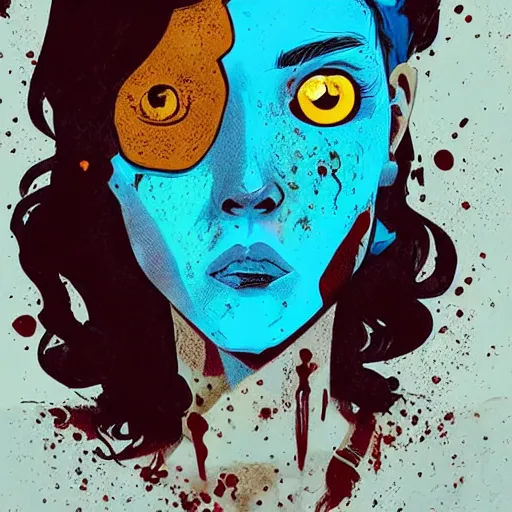 Image similar to Highly detailed portrait of a punk zombie young lady with freckles and brown curly hair hair by Atey Ghailan, by Loish, by Bryan Lee O'Malley, by Cliff Chiang, was inspired by image comics, inspired by scott pilgrim, inspired by graphic novel cover art !!!electric blue, brown, black, yellow and white color scheme ((grafitti tag brick wall background))