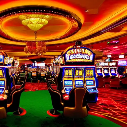 Image similar to inside a casino, fruit machines, chandeliers, lights and colors, realistic