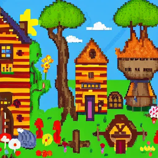 Image similar to sunny magical village with fairies and animals and plants and brewery and mill and giant sleeping next to it, pixel art