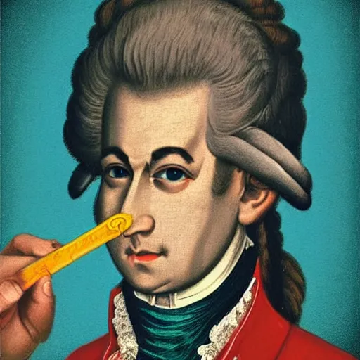 Image similar to Mozart bloodshot eyes holding a joint