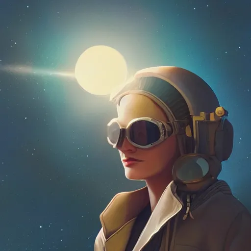 Prompt: soft, romantic, backlit stoic blonde butch tomboy woman space explorer in patched leather flight jacket, wearing round brass goggles, leaning against small spacecraft, sunset, artgerm and charlie bowater and atey ghailan and mike mignola, - ar 6 : 1 9