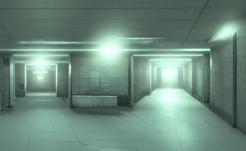Image similar to screenshot of a game on unreal engine 5, narrow modern hallways of a secret government facility, photorealistic, liminal, retrofuturism, minimalism, soft vintage glow