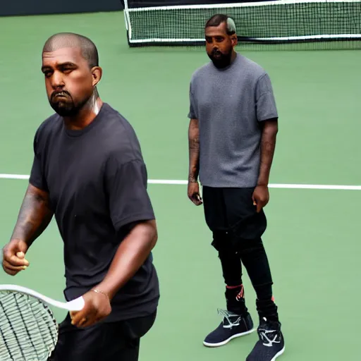 Image similar to kanye west playing tennis against a clone of himself