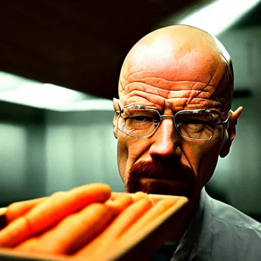 Image similar to walter white eating carrots, close up, professional photography, film still, dramatic lighting, melancholy