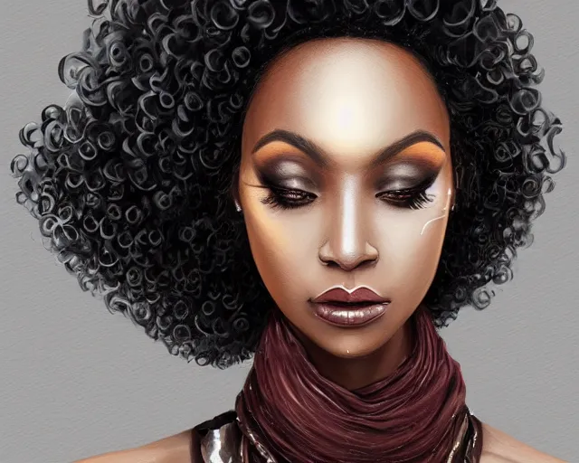 Image similar to A tall black skinned woman wearing a scarf with large lips and smooth eyebrows and curly hair, complimentary eyeliner, light blush and metallic eyeshadow, HD, illustration, epic, fantasy, intricate, elegant, amazing detail, digital painting, artstation, concept art, smooth, sharp focus, illustration, art by Turine Tran