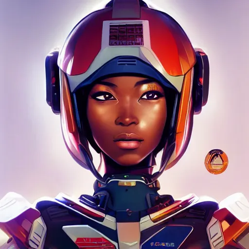 Image similar to portrait cartoon manga anime render of a strikingly gorgeous nigerian 👩🏿, wearing an intricate gundam pilot helmet, rossdraws, artgerm, norman rockwell, emiliano ponzi, epic composition, hd, octane, unreal engine, volumetric lighting, light rays, masterpiece, award - winning