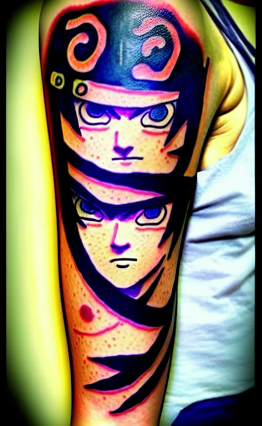 Prompt: arm with naruto tatoo, facebook photo, tatto