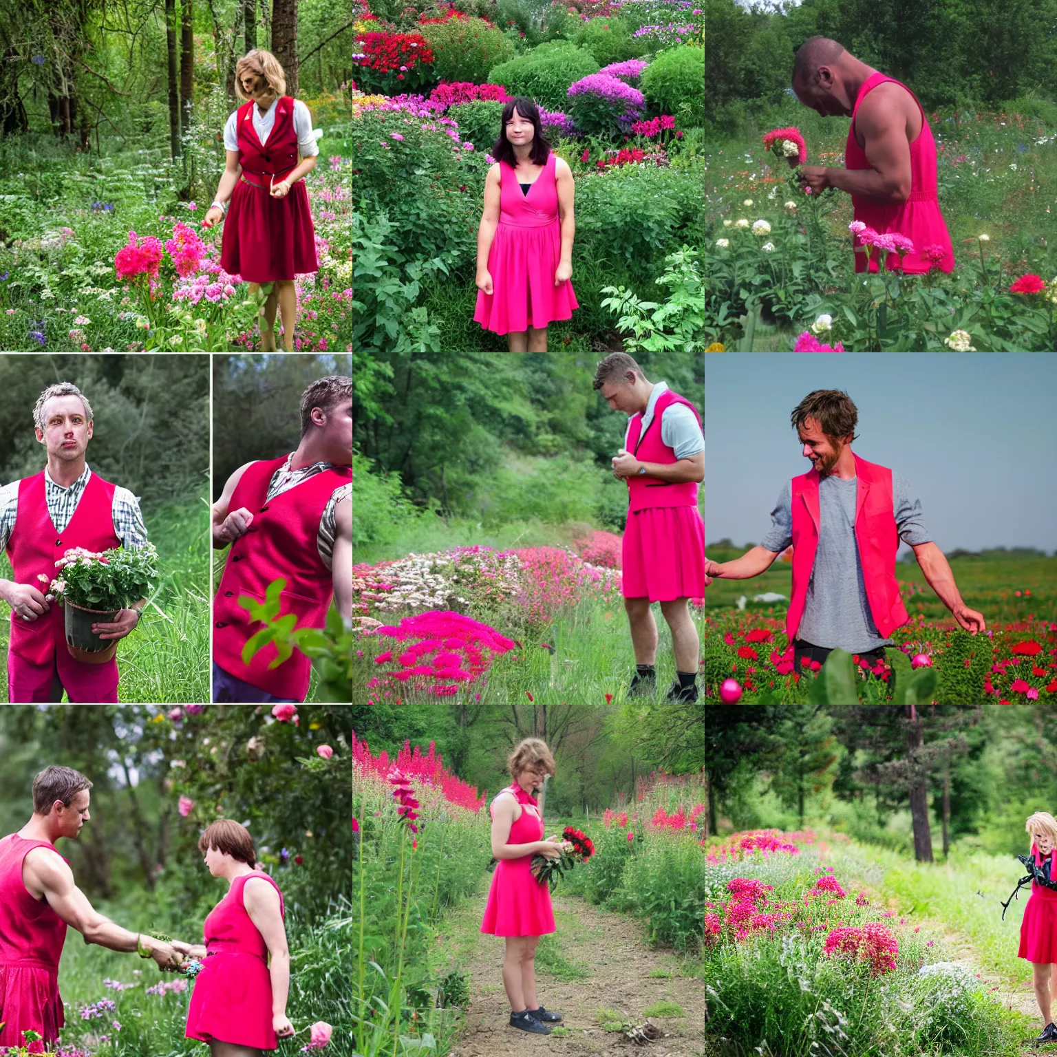 Prompt: bob of fight club picking flowers, red vest over pink dress