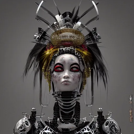 Image similar to japanese cyborg geishas in a ceremony with extremely detailed headdress, inspired by die antwoord beautiful, hand painted textures, cloth physics, deviantart, karol bak, masamune shirow, black and white, beautiful lighting, photorealistic, concept art, perfect render, 3 d render, pixar, 8 k