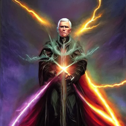 Image similar to mike pence as lightning wizard, vivid colors, dark, fantasy art,