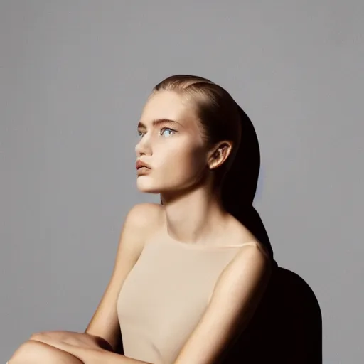 Prompt: close up of face of female fashion model sitting on chair, beige colors, official jil sander editorial