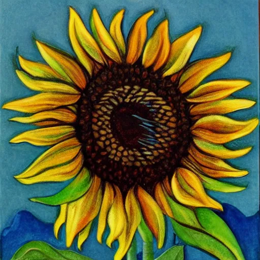 Prompt: lone sunflower against a meadow, in the style of georgia o'keeffe