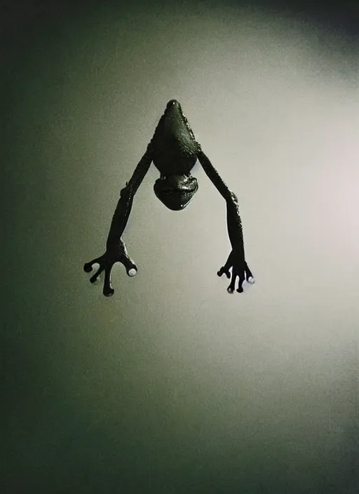 Image similar to “semitranslucent smiling frog vertically hovering over misty lake waters in crucifix pose, low angle, long cinematic shot by Andrei Tarkovsky, paranormal, eerie, mystical”