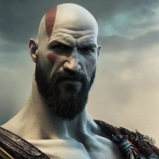 Image similar to portrait of kratos, intricate artwork, concept art, octane render, deviantart, cinematic, key art, hyperrealism, iridescent accents, portrait photograph, nikon 3 5 mm, photograph by greg rutkowski