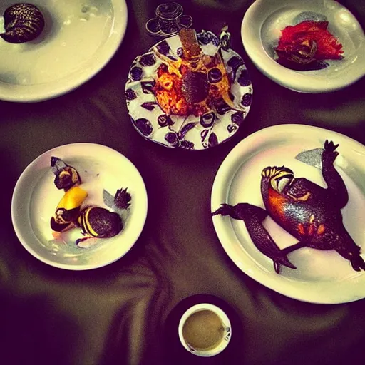 Prompt: The emperor dining on dragon hearts, surrounded by a court of puffins. By a food photographer. instagram. twilight. Raucous. Joyful.