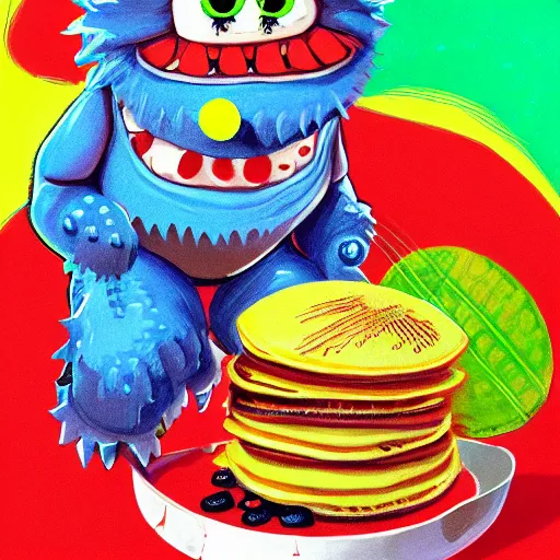 Image similar to a tennis ball monsters eating pancakes, colorful, digital art, fantasy, magic, chalk, trending on artstation, ultra detailed, professional illustration by basil gogos