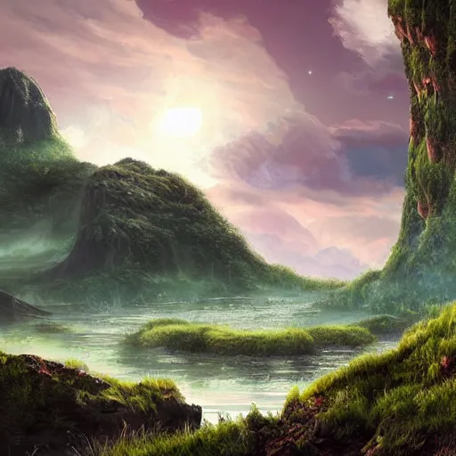 Prompt: beautiful digital artwork of a lush natural scene on an alien planet by lurid ( 2 0 2 2 ). artistic science fiction. extremely detailed. beautiful landscape. weird vegetation. cliffs and water.