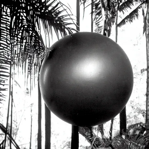 Image similar to a rizom lost film footage of a sphere ethnographic object in the middle of the tropical jungle / object / abstract / modernism / film still / cinematic / enhanced / 1 9 2 0 s / black and white / grain