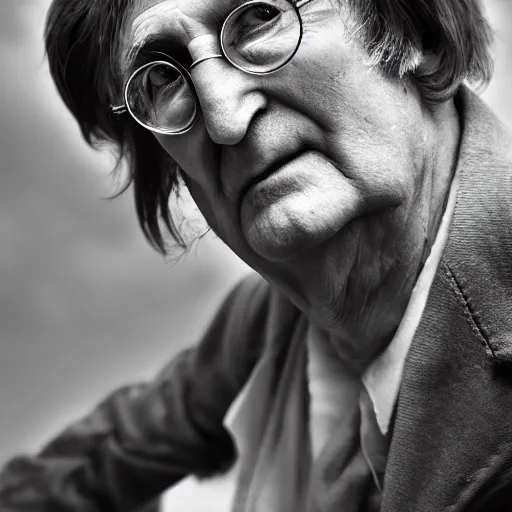 Image similar to old john lennon at age 9 0 years old, color ( sony a 7 r iv, symmetric balance, polarizing filter, photolab, lightroom, 4 k, dolby vision, photography award ), vogue, perfect face