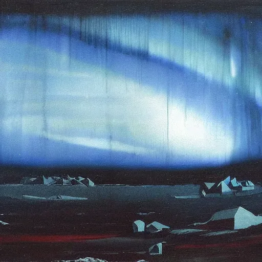 Image similar to the epic abstract painting'blue arctic void with black and red aurora borealis above a tiny inuit village ', by caspar david friedrich!!!, by rothko!!!, stunning masterpiece, trending on artstation