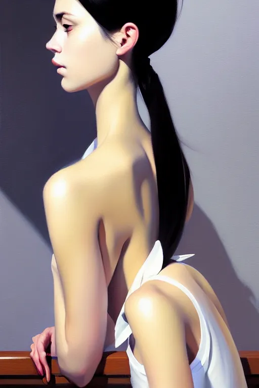 Image similar to a ultradetailed beautiful portrait panting of a stylish woman sitting in a bath, she is wearing a white shirt with a tie, oil painting, by ilya kuvshinov, greg rutkowski and makoto shinkai