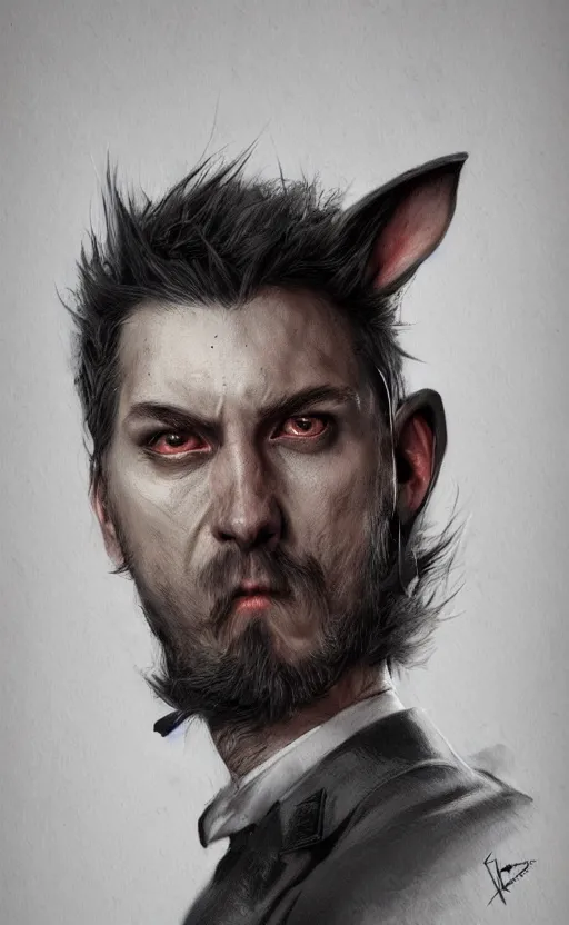 Image similar to dark fantasy photorealistic portrait concept art of a bunny hitman, trending on art station, stunning visuals, creative, cinematic, ultra detailed