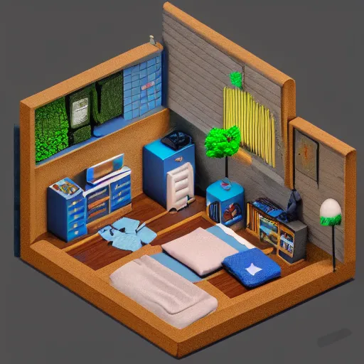 Prompt: miniature diorama isometric bedroom, ultimate rgb gaming computer, blender cycles, octane 3 d